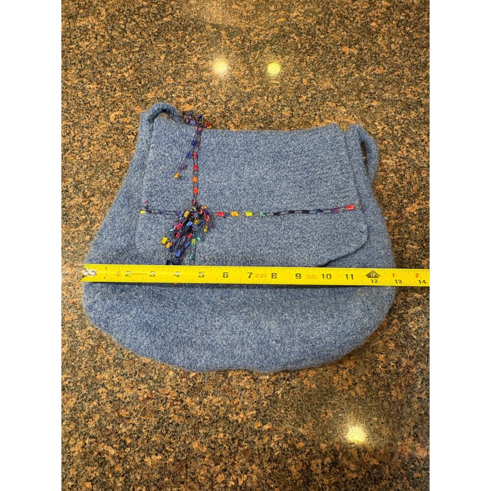 Handmade Blue Felt Shoulder Purse with Multicolored Ribbon Accents - Picture 4 of 10